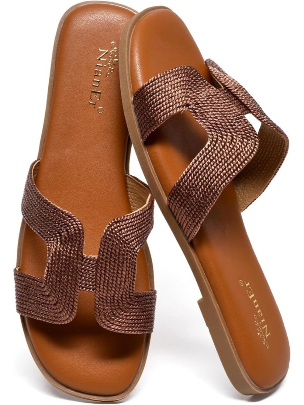 NianEr Women's Brown Leather Comfortable Casual Summer Flats Sandals Shoes
